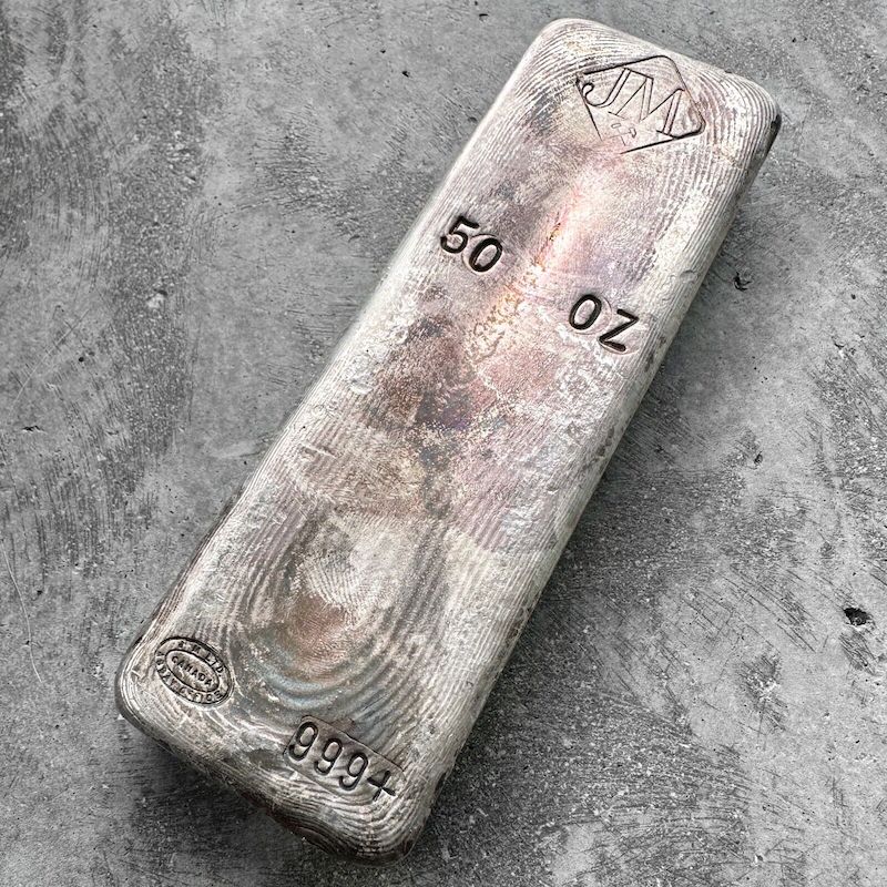 50 oz .999 Silver Johnson Matthey Poured bar - Nice purple patina and pour lines