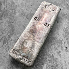 50 oz .999 Silver Johnson Matthey Poured bar - Nice purple patina and pour lines