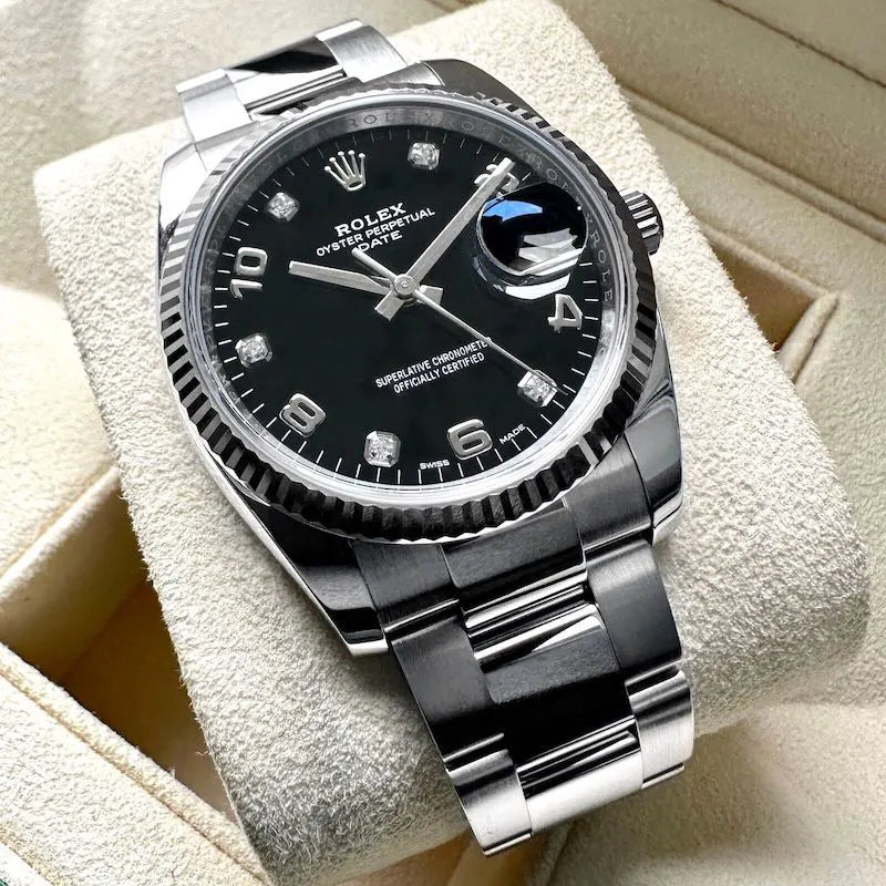 2019 Rolex Date Black Diamond Roman Number Dial 115234 – Box and Papers