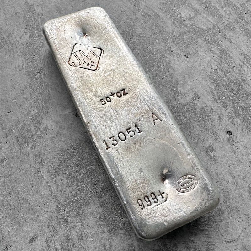 50 oz .999 Silver Johnson Matthey Poured bar - A Serial - Misplaced JM logo