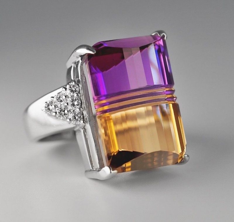 Vintage Platinum 27.38ct Natural Ametrine Quartz + Diamond cocktail ring $7500