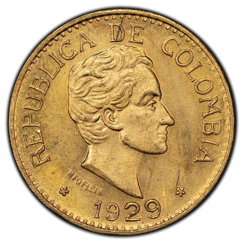 1929 Colombia 5 Pesos Gold Coin
