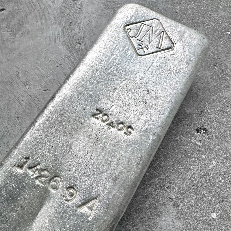 50 oz .999 Silver Johnson Matthey Poured bar -A Serial- Error upside down Weight