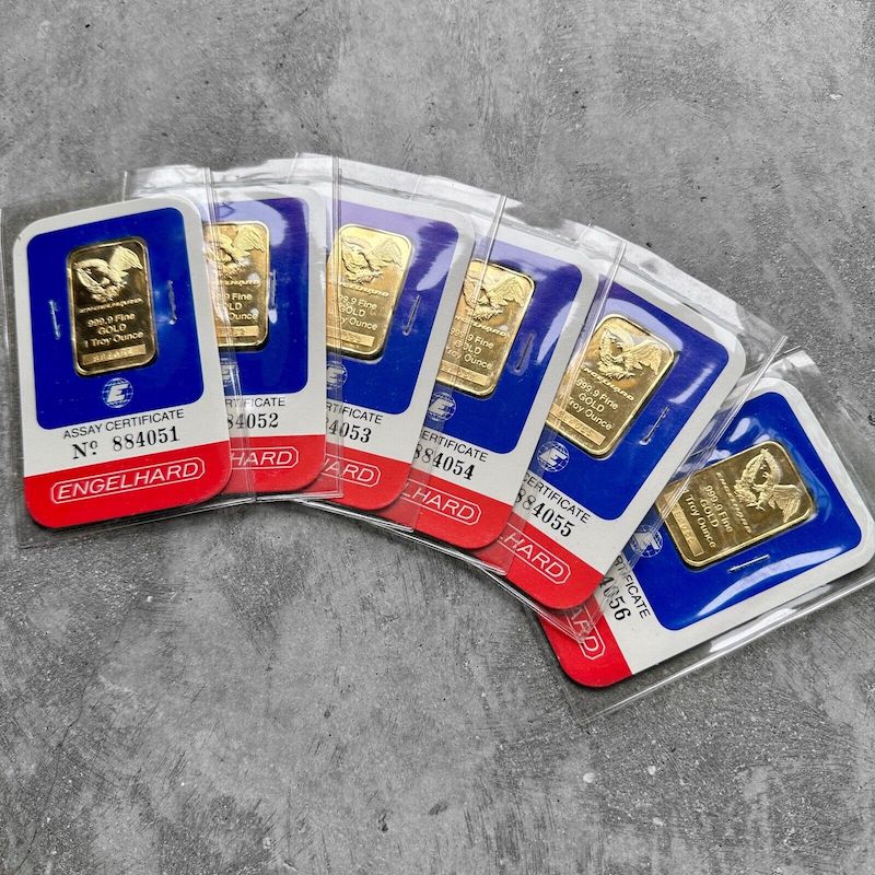 6 Consecutive Vintage Engelhard 1 oz Gold Bar .9999 1oz - Sealed in Assay Card