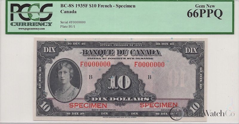 1935 Canada French $10 Specimen BC-8S PCGS Gem New 66PPQ