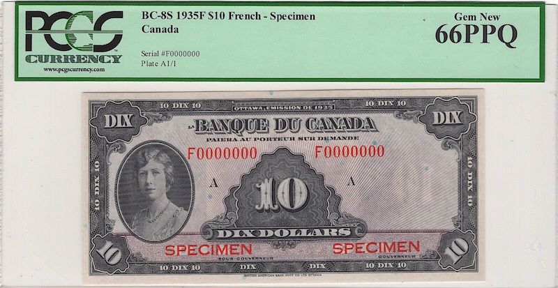 1935 Canada French $10 Specimen BC-8S PCGS Gem New 66PPQ