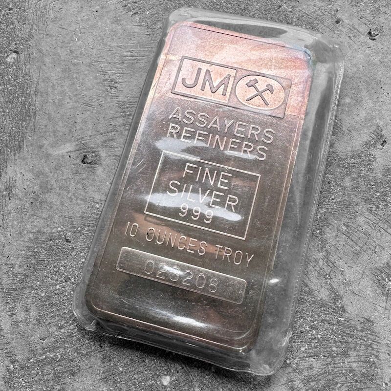 Vintage Johnson Matthey 10 oz .999 Silver bar Plain Back - Purple Patina- Sealed
