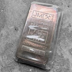 Vintage Johnson Matthey 10 oz .999 Silver bar Plain Back - Purple Patina- Sealed