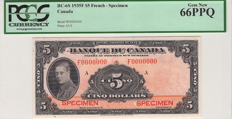 1935 Canada French $5 Specimen BC-6S PCGS Gem New 66PPQ
