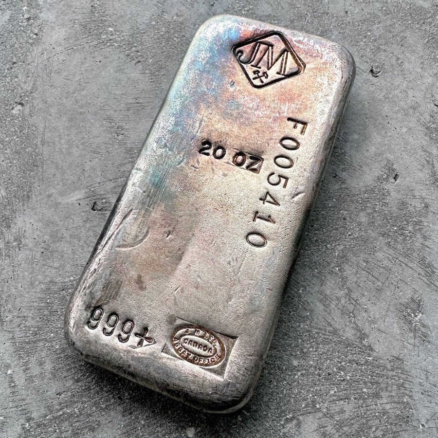 Vintage 20 oz .999 Silver Johnson Matthey Poured bar - F Serial - Nice toning