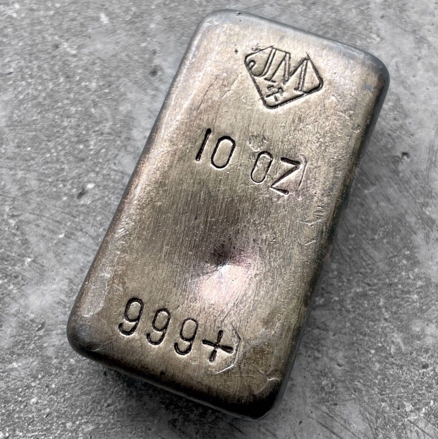 Vintage 10 oz .999 Silver Johnson Matthey Poured bar - Attractive patina