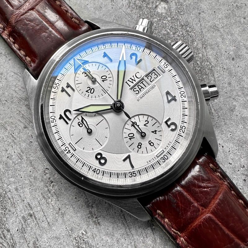 IWC Pilot Spitfire Fliegerchronograph Pilot 3706 Day Date Silver Dial