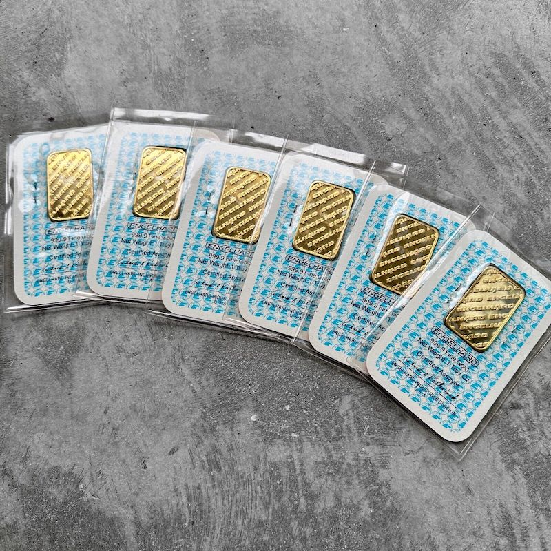 6 Consecutive Vintage Engelhard 1 oz Gold Bar .9999 1oz - Sealed in Assay Card