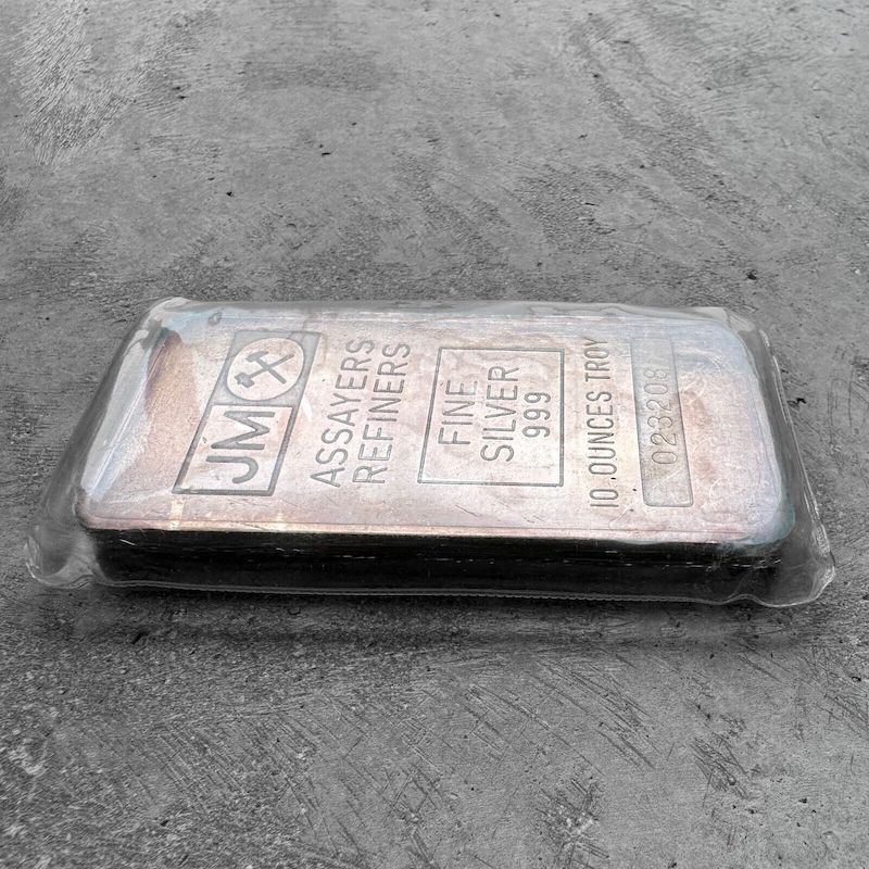 Vintage Johnson Matthey 10 oz .999 Silver bar Plain Back - Purple Patina- Sealed