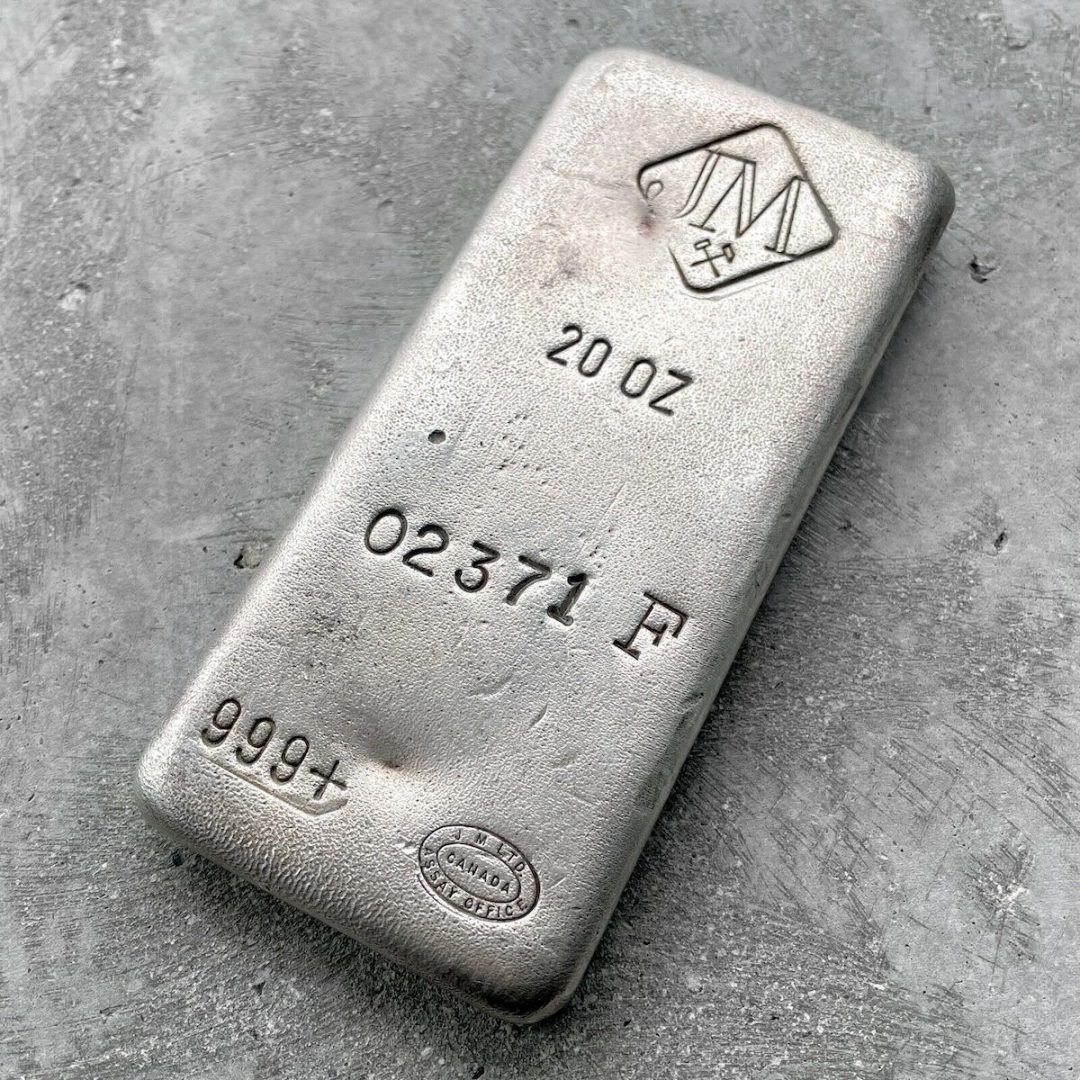 Johnson Matthey 20 oz .999 Silver Poured Bar - F Serial number