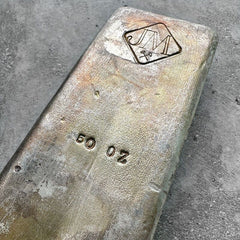 50 oz .999 Silver Johnson Matthey Poured bar - Missing '+' in 50+ - Error