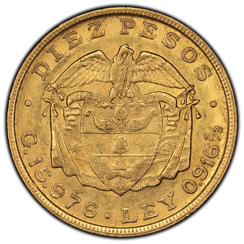 1919 Colombia 10 Pesos Gold Coin Bogota Mint