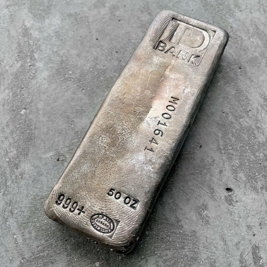 Vintage Johnson Matthey 50 oz .999 Silver Poured Bar TD Bank - Pretty Pour Lines