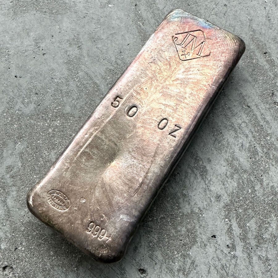 Vintage 50 oz .999 Silver Johnson Matthey Poured bar - toning + Linden Frost