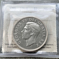 1948 Canada 1 Dollar Silver Coin One Dollar ICCS Unc 60 - Uncirculated Key Date
