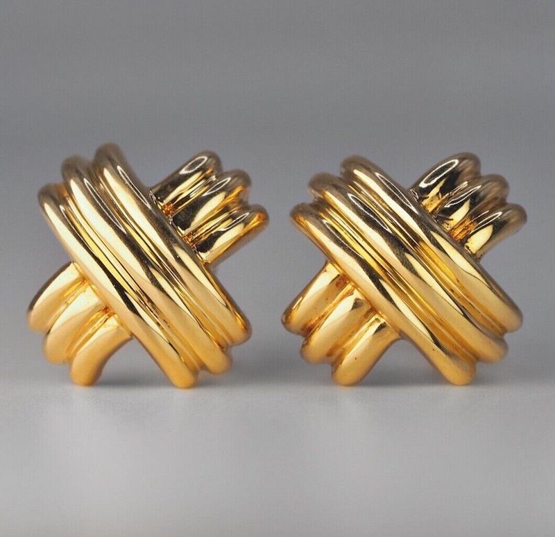 Vintage Tiffany & Co. solid 18K yellow gold X signature earrings - Large