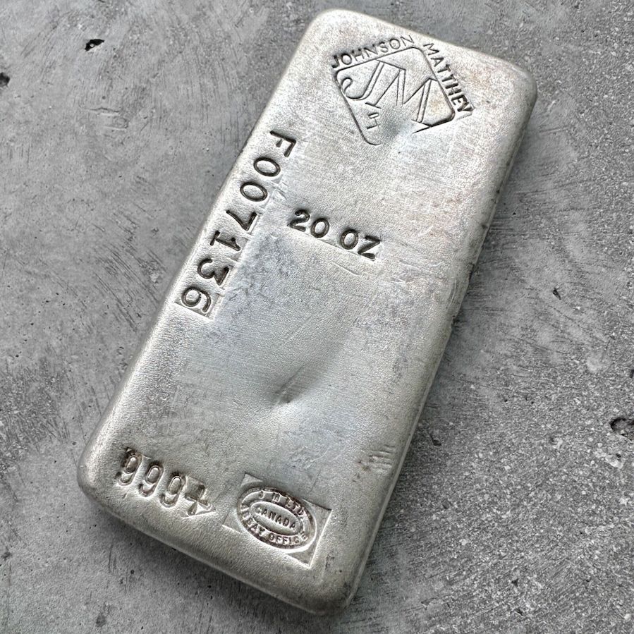 Vintage 20 oz .999 Silver Johnson Matthey Poured bar - F Serial