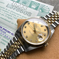 1989 Rolex 16233 Two Tone Datejust - Box Papers Diamond Dial - NOS New Old Stock