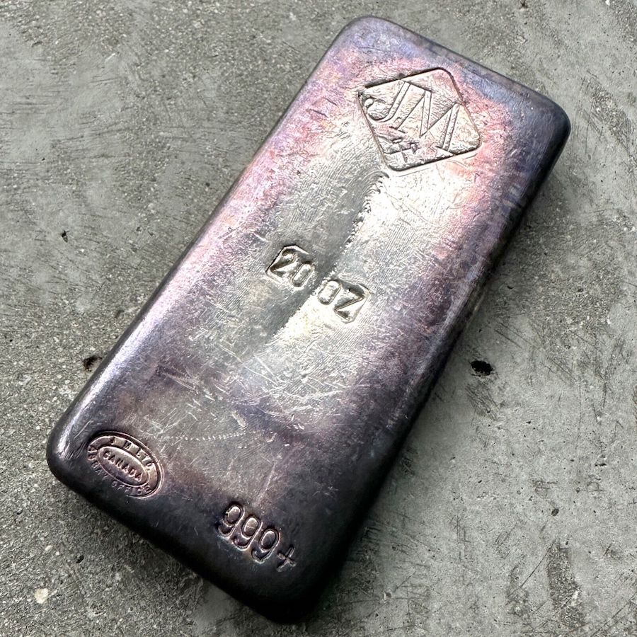 Vintage 20 oz .999 Silver Johnson Matthey Poured bar - Attractive purple patina!
