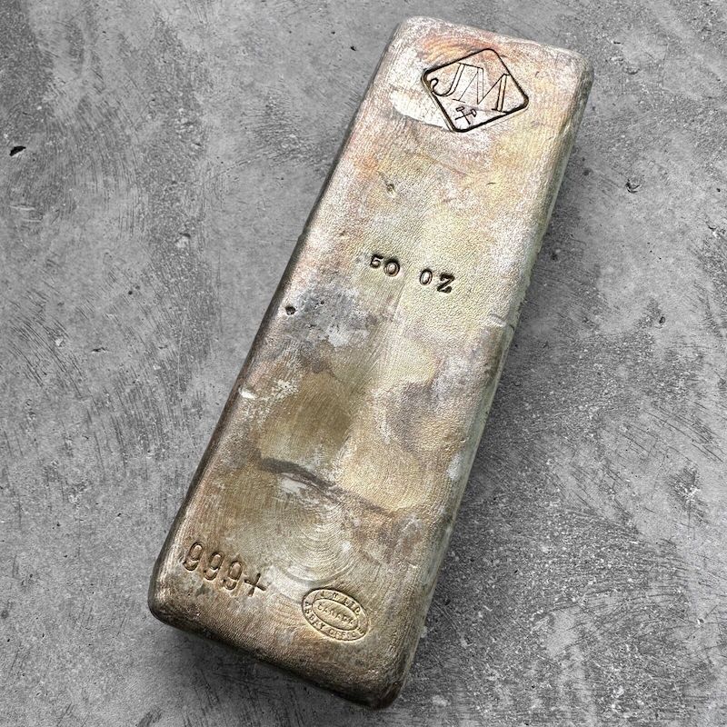 50 oz .999 Silver Johnson Matthey Poured bar - Missing '+' in 50+ - Error