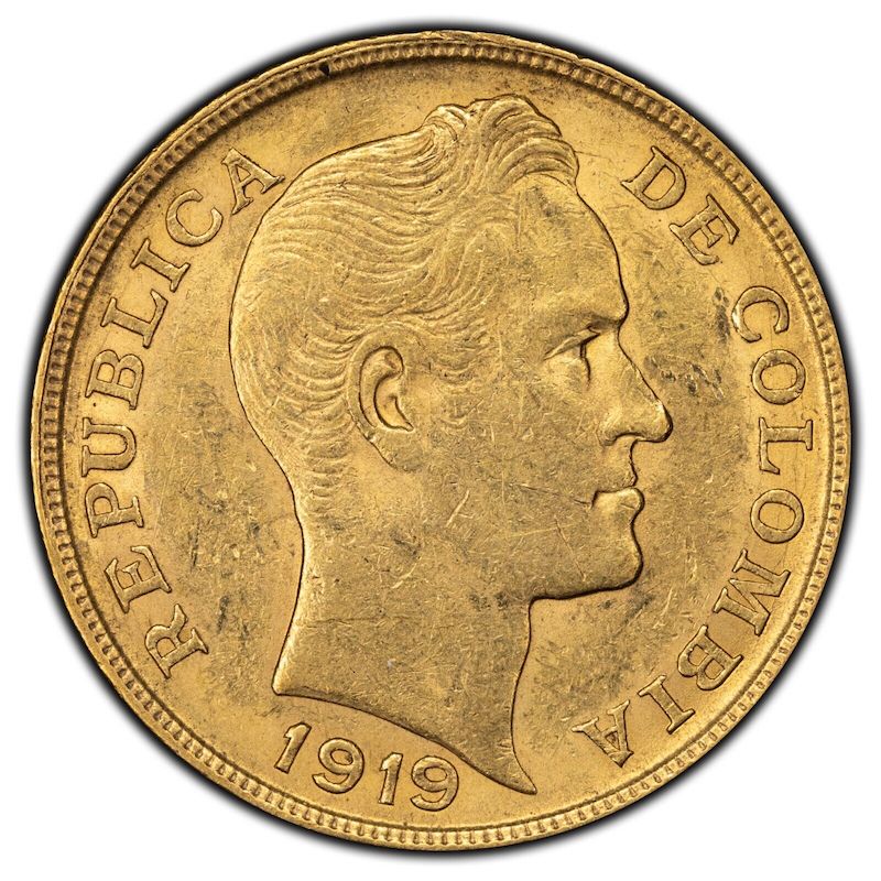 1919 Colombia 10 Pesos Gold Coin Bogota Mint