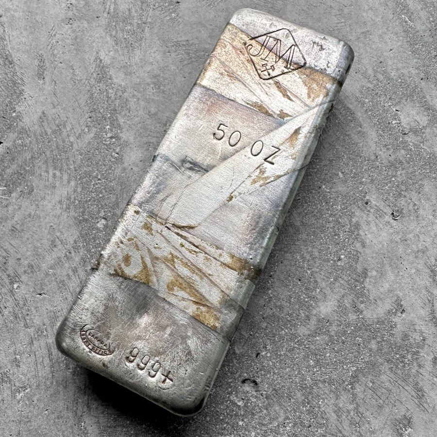Vintage 50 oz .999 Silver Johnson Matthey Poured bar - Interesting Toning