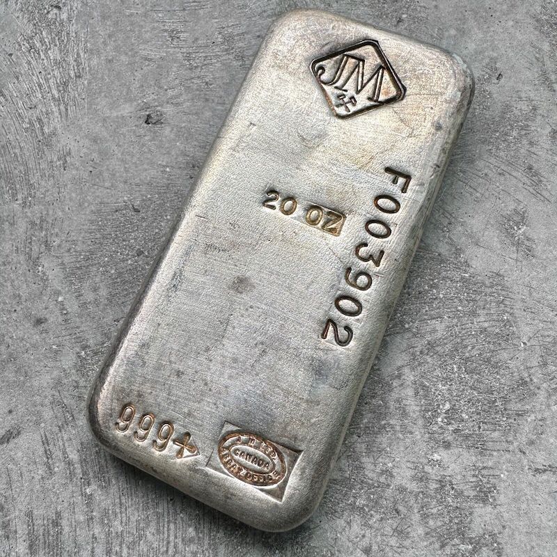 Vintage 20 oz .999 Silver Johnson Matthey Poured bar - Small Logo - F Serial