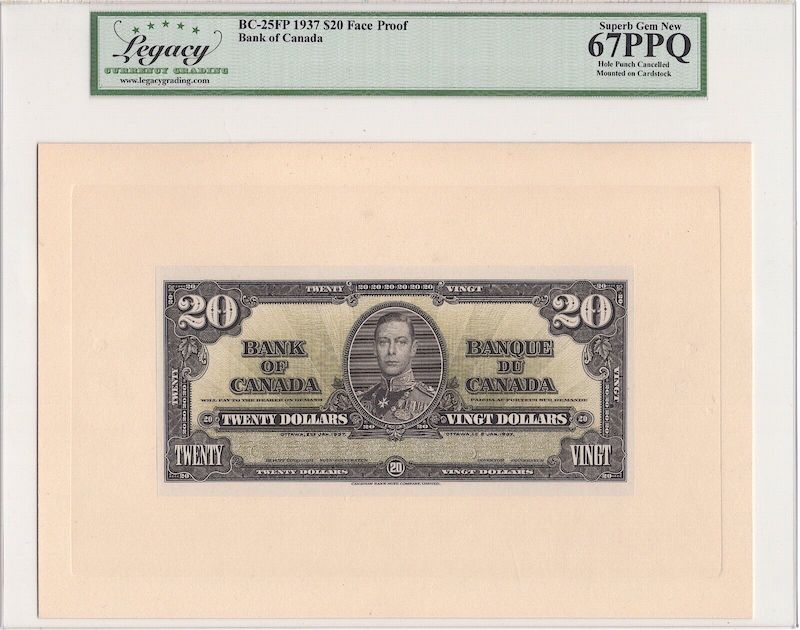 1937 $20 Bank of Canada Face + Back Proof BC-25FP Legacy Gem 67PPQ / 68PPQ