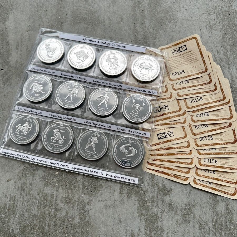 12 x 1 oz Johnson Matthey .999 Silver Eaton round – Full Set Zodiac with COAs