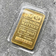 Johnson Matthey 10 Gram Gold Bar Struck .9999+ Logo Back
