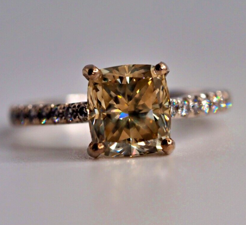 Vintage solid platinum 2.63 carat natural cushion-cut champagne diamond ring