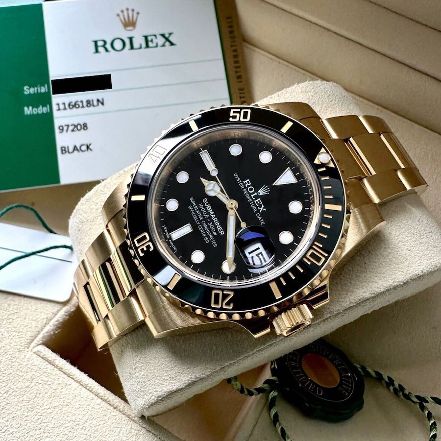 2019 Rolex Yellow Gold Submariner Black Dial 116618LN - Box and Papers - Discontinued