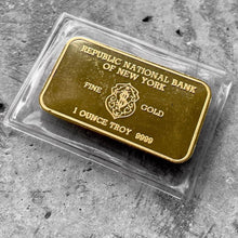 Load image into Gallery viewer, 1oz Vintage Johnson Matthey London Gold Bar - Republic National Bank of New York

