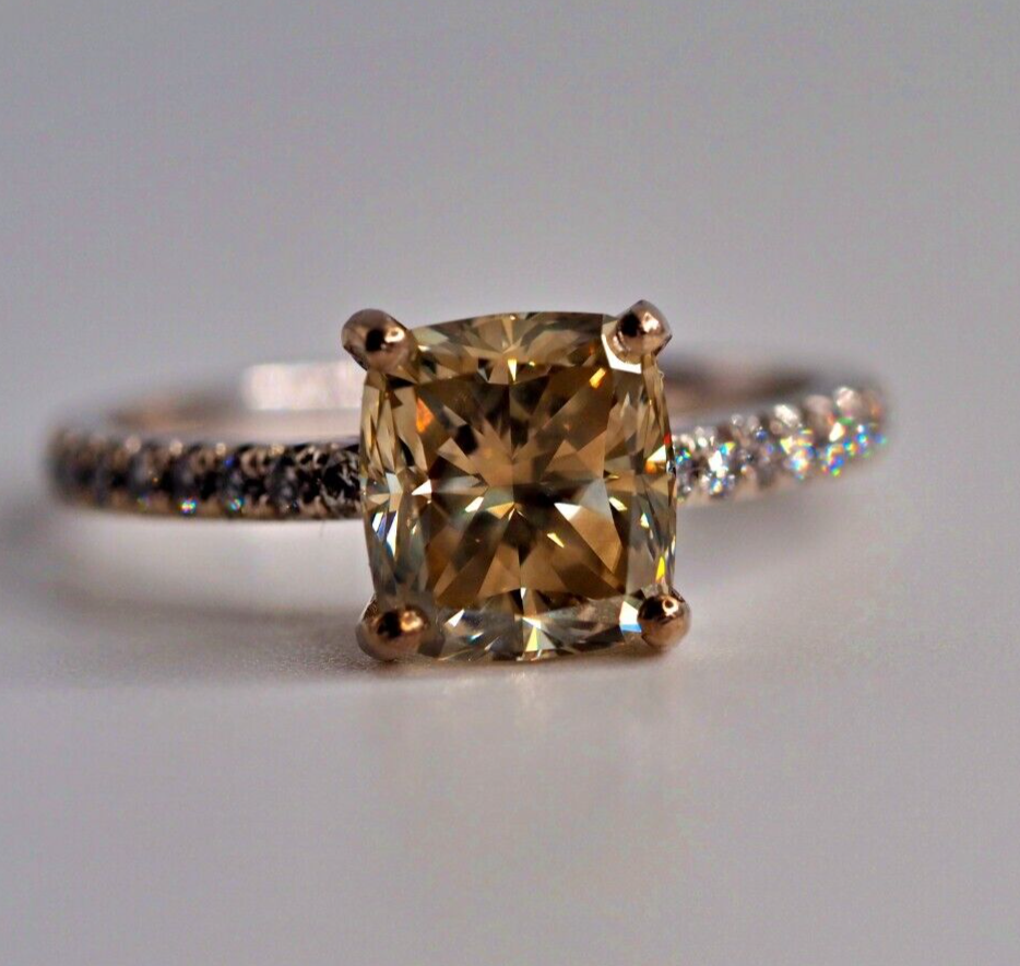 Vintage solid platinum 2.63 carat natural cushion-cut champagne diamond ring