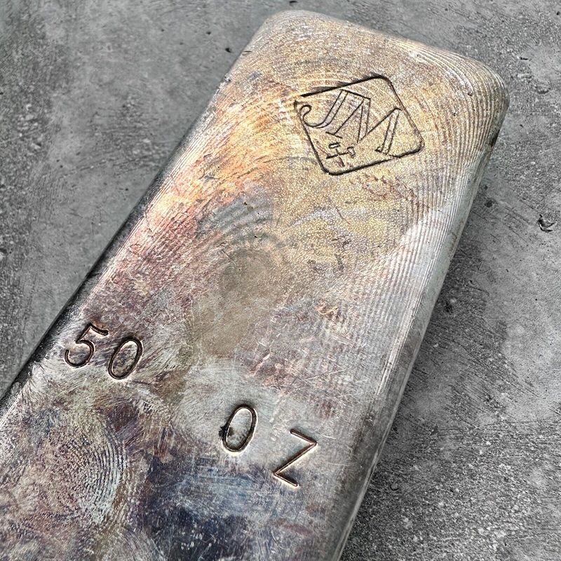 50 oz .999 Silver Johnson Matthey Poured bar - Nice purple patina and pour lines