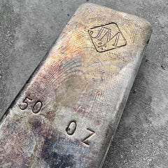 50 oz .999 Silver Johnson Matthey Poured bar - Nice purple patina and pour lines