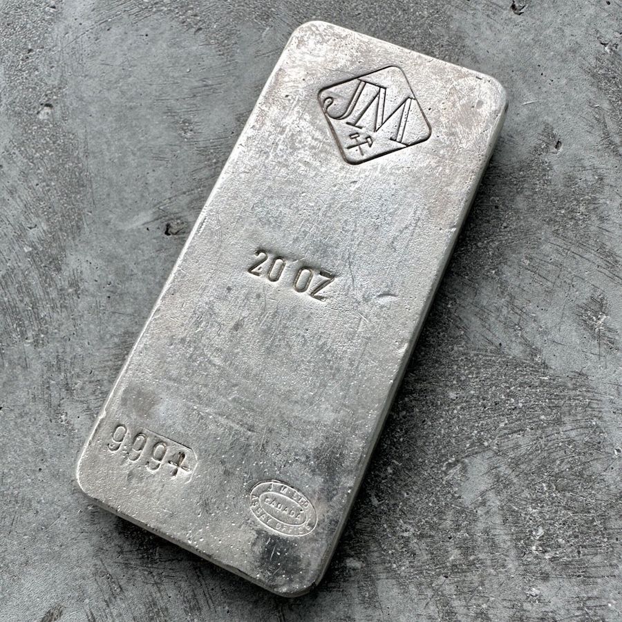Vintage 20 oz .999 Silver Johnson Matthey Poured bar - Reverse Stamp
