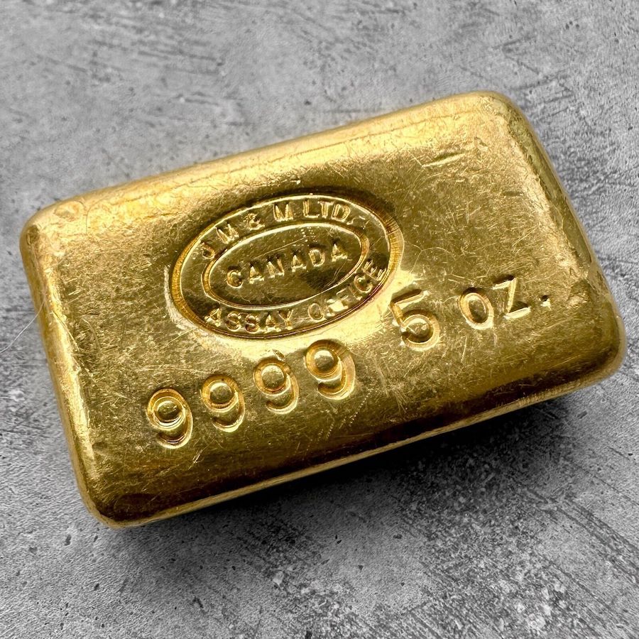 Vintage Johnson Matthey & Mallory LTD Canada 5 oz Gold Poured Bar .9999 5oz