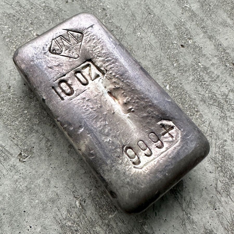 Vintage 10 oz .999 Silver Johnson Matthey Poured bar - Attractive purple patina!