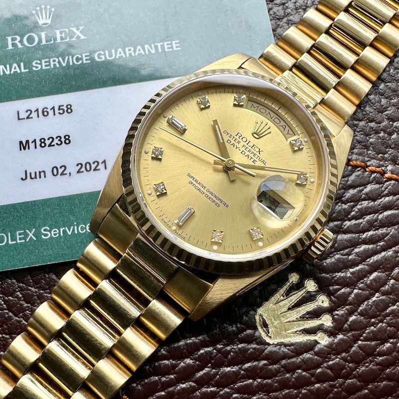 Rolex Gold President 18238 – 2021 Rolex Service – Factory Diamond Dial