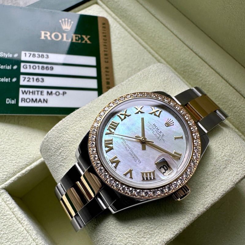 31mm Rolex Datejust 178383 - Box Papers - Factory Diamond Bezel Mother of Pearl