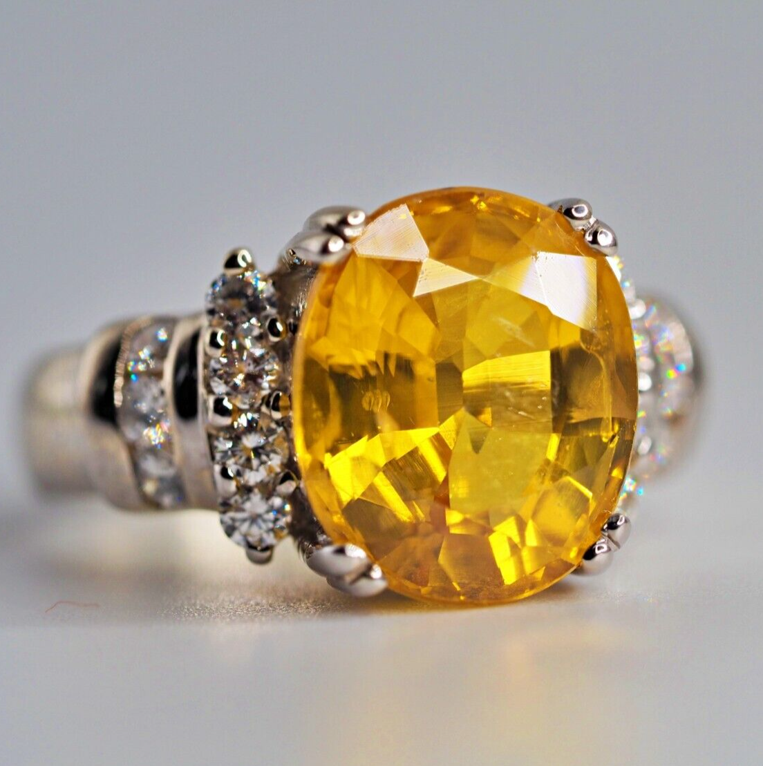 Vintage 9.17 Natural Yellow Sapphire solid 14K white gold Diamond ring