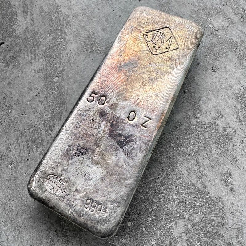 50 oz .999 Silver Johnson Matthey Poured bar - Nice purple patina and pour lines