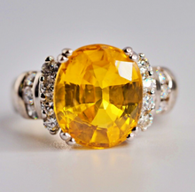 Load image into Gallery viewer, Vintage 9.17 Natural Yellow Sapphire solid 14K white gold Diamond ring
