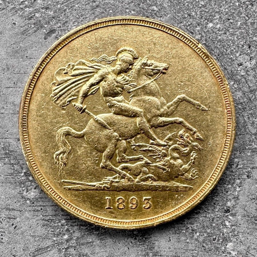 1893 Great Britain 5 Pound Gold Coin Five Sovereign - Veiled Queen Victoria